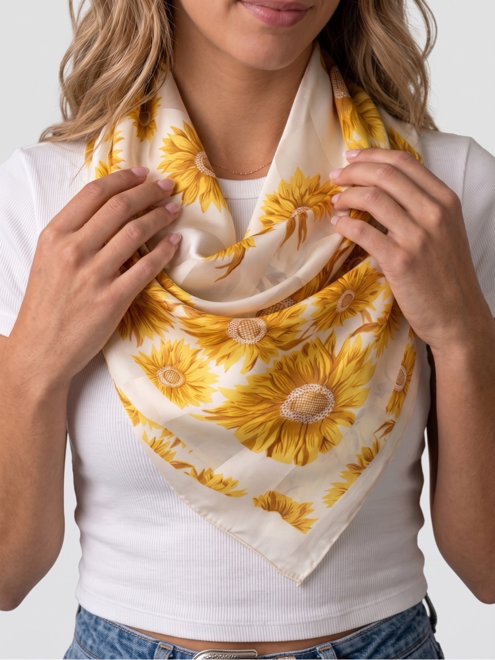 Vintage Made in Japan Silk Chiffon Sunflower Floral Scarf Large 39x39